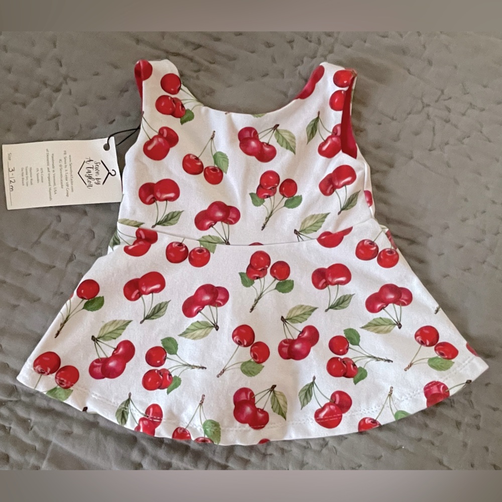 NWT Boutique Handmade Sewn by A Taylor Cherry Print Tank Dress Grow With Me 3-12